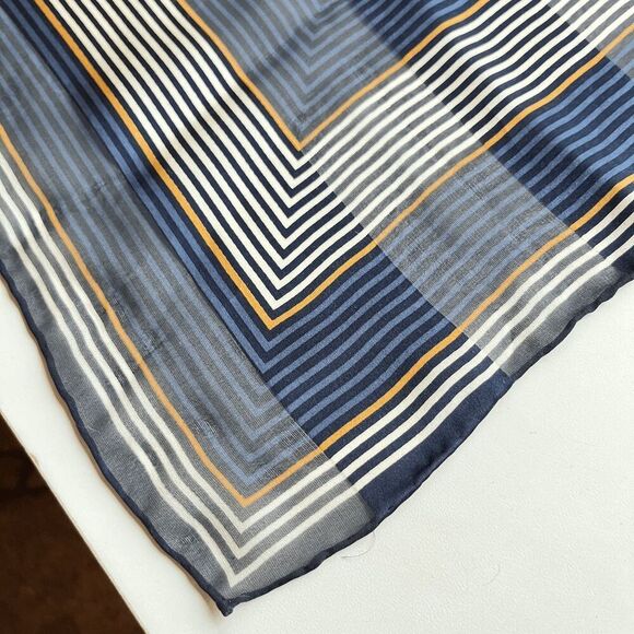 Vintage 1970s Sheer Striped Square Scarf in Blue & Gold Geometric Print 20x20 - Picture 9 of 9